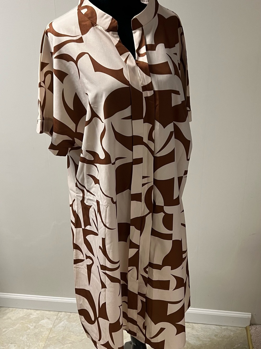 Brown and Cream Midi Shirt Dress - Elegant Abstract Print